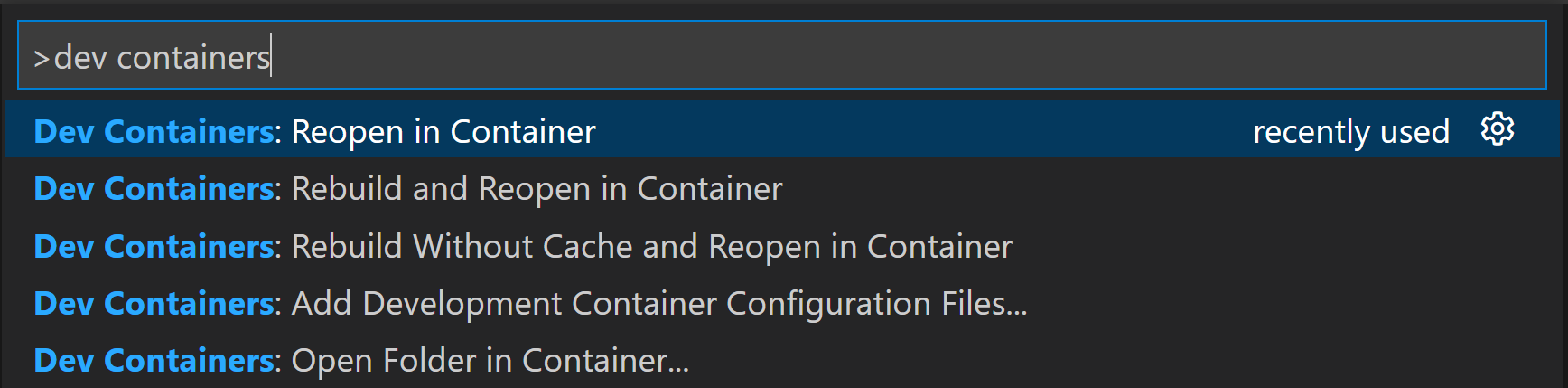 Some example commands that the Dev Containers extension offers.